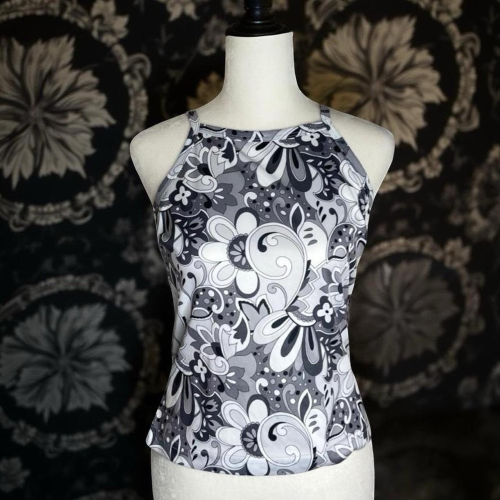 Vintage Cropped Halter Top Psychedelic Print Tank Small Black & White